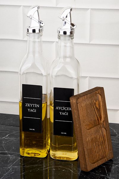 DNS HOME 500 ml Glass Oil Pot Set with Wooden Stand - Sunflower and Olive Oil Bottle