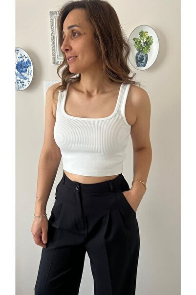 MOONSTONE FASHİON Kadın Kare Yaka Fitilli Triko Crop Top Beyaz