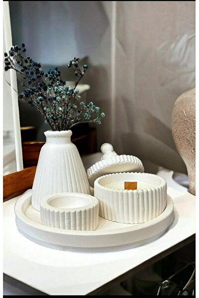 VARKAL Beyaz Renk Özel Tasarım Kokulu Mum Ve Üçgen Vazo Tepsi Mumluk Aksesuar...