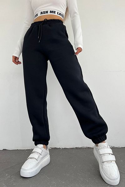 Eva Sunset Pantaloni de sport negri de iarnă pentru femei, cu fleece în interior și picioare elastice