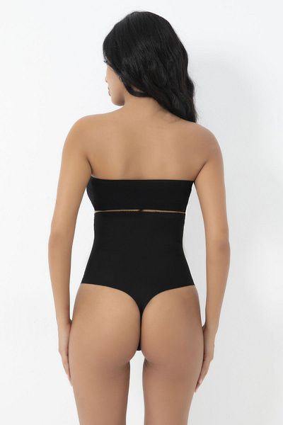 MODANTY Women's Black Laser Cut High Waist Corset 1-2 Size Gathering Seamless String Thong Laser Cut
