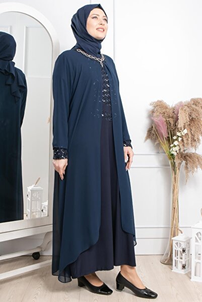 SUBU TASARIM Синя сукня з паєтками та камінням - Mda2301