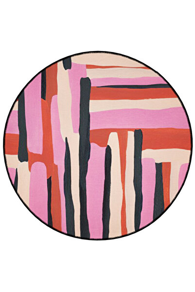 Rugs Modern Halı Mira Round Pink Black Thick Lines Woven Base Decorative Carp...