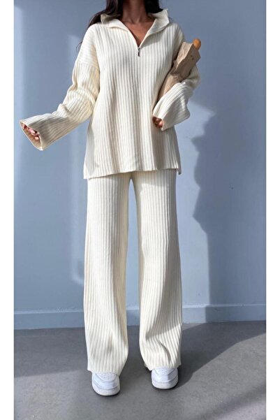 BlueTex Kadın Fitilli Yaka Fermuarlı Paçası Fermuarlı Yanlardan Yırtmaçlı Tri...