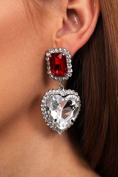 Furtek Aksesuar Women's Red Square Pendant Heart Model Zircon Stone Silver Diamond Evening Dress Wedding Promise Henna Party Earrings