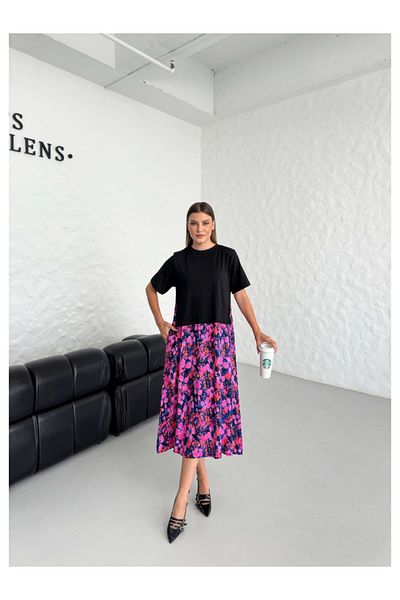 Elif Özbey Butik Rochie largi de bază roz cu modele florale