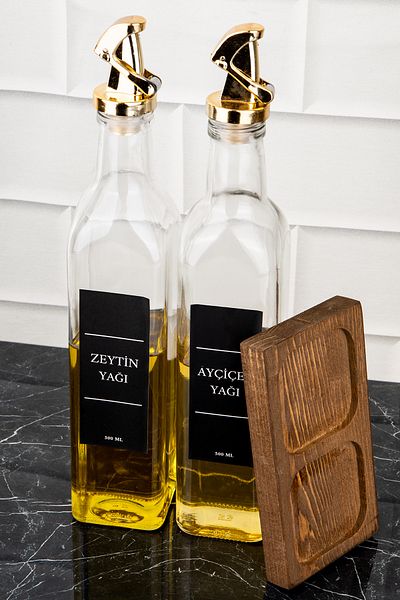 DNS HOME Gold Locking 2-Piece Oil Pot Set - 500 ml Olive Oil Bottle with Wooden Stand