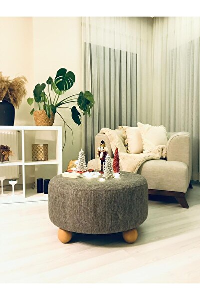 WEBPANYA Gürgen Ahşap Ayak Xlarge Oturma Alanı Dekoratif Kete Gri Kumaş Pofidik Puf Bench Orta Sehpa