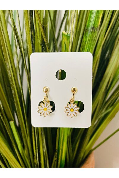 1PARÇAMAVİ Beyaz Papatya Klipsli Deliksiz Çocuk Küpesi - Kıstırma Çocuk Küpesi