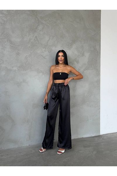 Fiori Satin negru - Pantaloni cu talie elastică