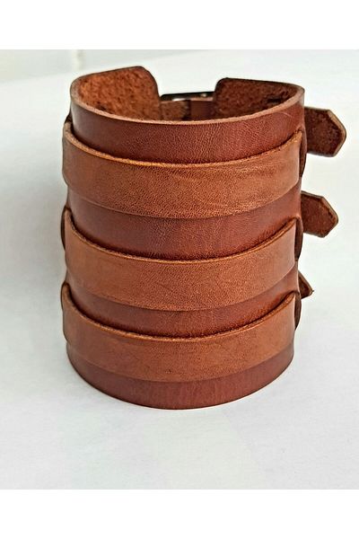 aysefe Real Leather 3 Belted Wide Ottoman Bracelet
