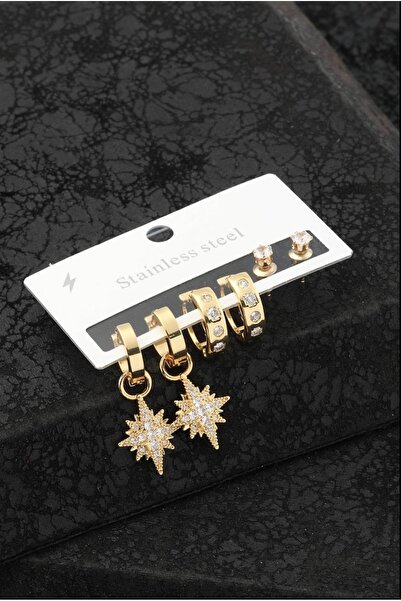 ZENİTH Kadın Çelik Gold Zirkon Taşlı 6lı Günlük Elbise Kombin Küpe