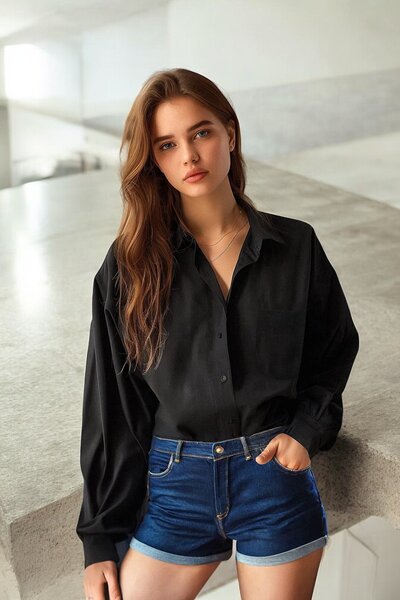 HAKKE Beyaz Tek Cepli Boyfriend/Geniş Kalıp Pamuklu Dokuma GÖMLEK