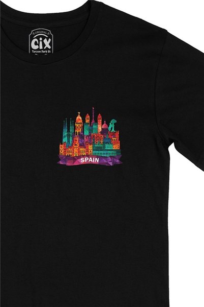 Cix Colorful Spain Illustration Black T-Shirt with Pocket Logo Design