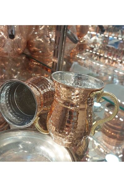 Bakır Center Copper Cup & Copper Cup Tattoo Copper Ayran Cup with Handles 2 pieces 2-piece set