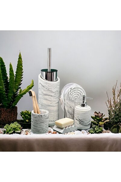 Trust Stone Set de baie din beton din seria Marble și suport pentru perie de toaletă, lichid, dozator de săpun solid, suport pentru perie de dinți, tavă, accesorii