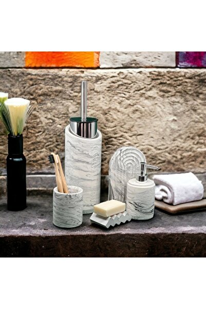 Trust Stone Set de baie din beton din seria Marble și suport pentru perie de toaletă, lichid, dozator de săpun solid, suport pentru perie de dinți, tavă, accesorii