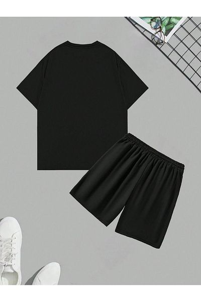 DAXİS Sportwear Company Мъжки костюм с щампа, черен - кръгло деколте, оверсайз, тениска, къси панталони