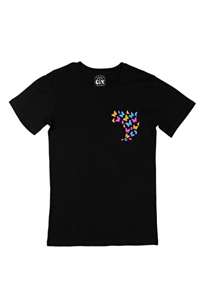 Cix Black Unisex T-Shirt with Colorful Butterfly Pocket Logo Design