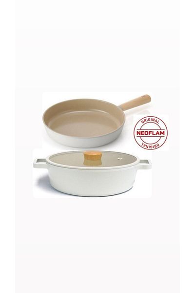 NEOFLAM 30 Cm Beige Fika Aluminum Induction Cookware and Pans Set - 3 Pieces