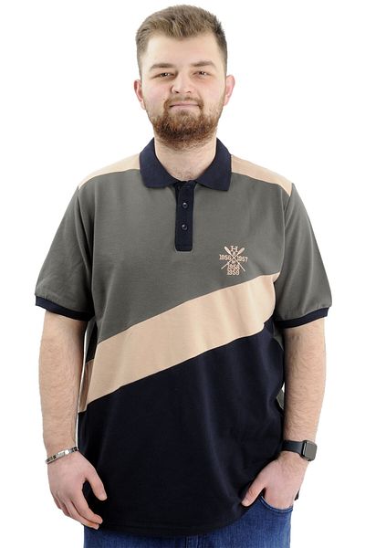 ModeXL Ανδρικό μπλουζάκι με λαιμόκοψη Polo Plus Size - Color Block, U24322 Χακί