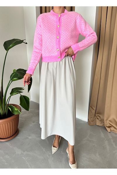 Laluvia Bonbonrosa gemusterter Cardigan mit Goldknöpfen-4468
