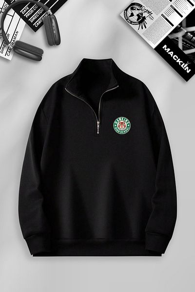 macklin Унисекс пуловер с щампа Hawkins High School - половин цип, яка стойка