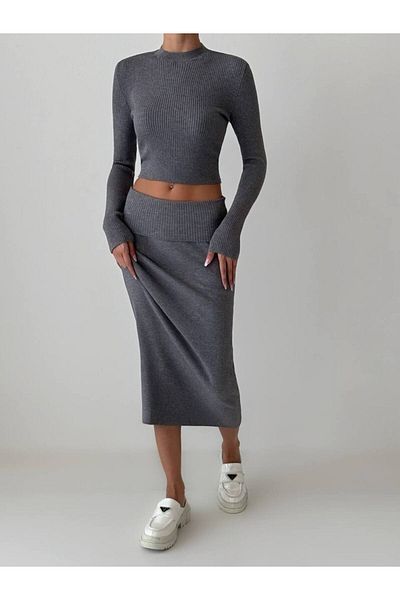 My Blog Smoked Ribbed Stretchy Knitwear Skirt Blouse Set - 4434
