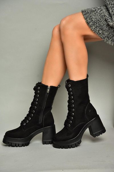 Fox Shoes T 973559002 Černé semišové dámské kozačky - silný podpatek