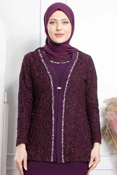 SUBU TASARIM Plum Evening Dress Set - Embroidered Jacket and Detailed Tbs2306