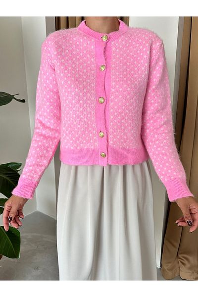 Laluvia Bonbonrosa gemusterter Cardigan mit Goldknöpfen-4468