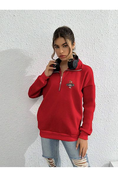 macklin Унисекс суитшърт с шарка на гъби за жени и момичета - яка със стойка, половин цип