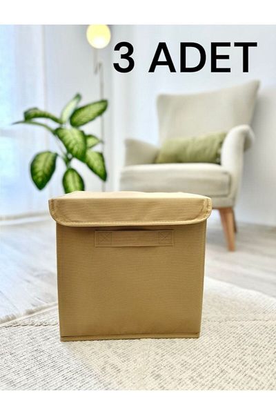 harev home collection 3 Pieces In-Cabinet Laundry and Toy Organizer with Beige Lid - Folding Storage Box 30X30X30 cm