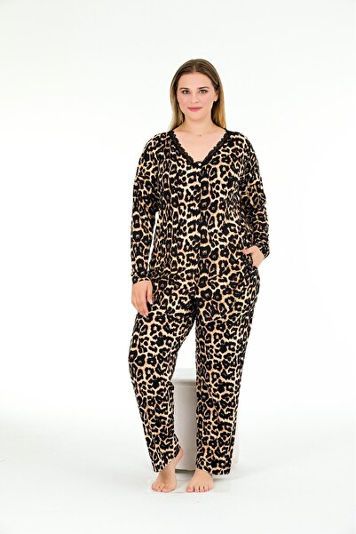 Truva XXL Σετ πιτζάμες με λεοπάρ στάμπα μεγάλου μεγέθους - με κουμπιά