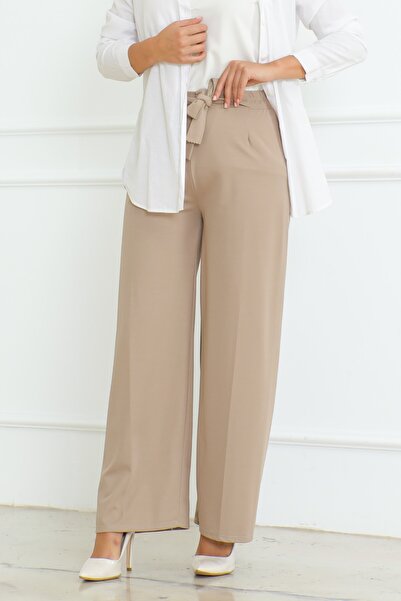Eliva Stone Colored Women's Hijab Trousers with Wide Leg and Belt Detail
