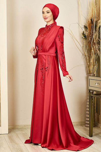 Surikka Bead Embroidered Draped Train Miranda Evening Dress