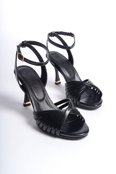 ZİESCE CROSS-BANDED METALLIC BLACK THIN HEEL SANDALS SHOES