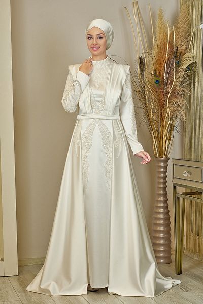 Surikka Bead Embroidered Draped Train Miranda Evening Dress