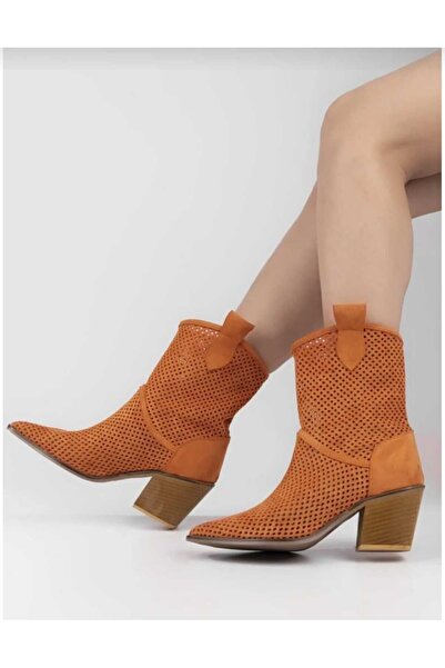 POTEEN Cizme de vară portocalii tăiate cu laser pentru femei Western Cowboy c...