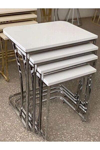 Dinç Metal Sehpa Ankara Tekerlekli C Sehpa Krom,beyaz Mebran Dörtlü, Zigon Se...