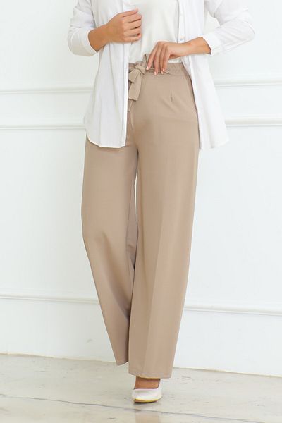 Eliva Stone Colored Women's Hijab Trousers with Wide Leg and Belt Detail