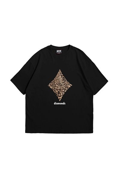 Sekizbiraltı Tricou negru premium unisex - imprimeu leopard cu diamante, supradimensionat
