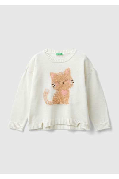 United Colors of Benetton Ecru Cat Kitten Patterned - Girl's Crew Neck Sweater with Skirt Detail