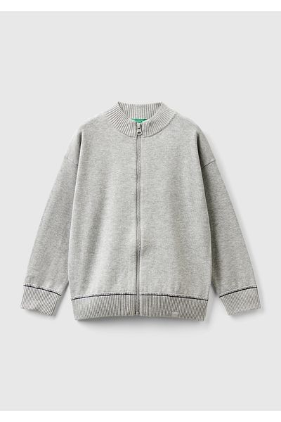United Colors of Benetton Сив меланж кардиган за момче - лого, цип, яка тип „стоп“