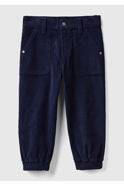 United Colors of Benetton Boy's Navy Blue Velvet Trousers with Back Pocket Logo Detail and Elastic Cuffs