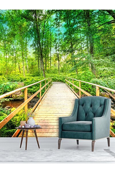 dreamwall 3 Boyutlu, Ahşap Köprü Duvar Kağıdı, Orman Desenli, Yeşil Renkli, Doğa Manzara, Salon Duvar Kağıdı