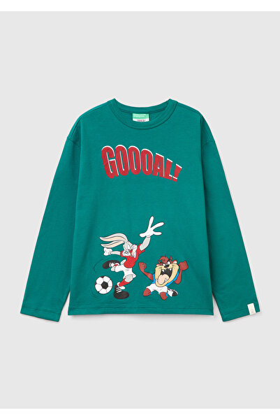 United Colors of Benetton Boy - Pine Green Looney Tunes Printed Crew Neck Lon...