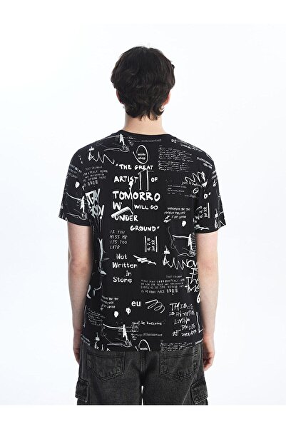 LC Waikiki Ανδρικό χτενισμένο βαμβακερό μπλουζάκι XSIDE New Pattern Black Crew Neck