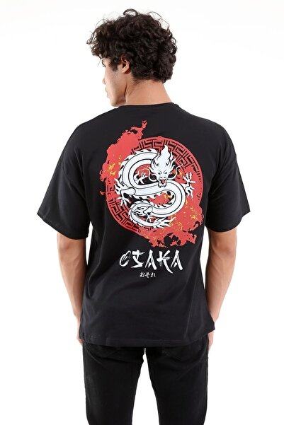 Mad&Calf Unisex Oversize Osaka εμπριμέ μαύρο μπλουζάκι