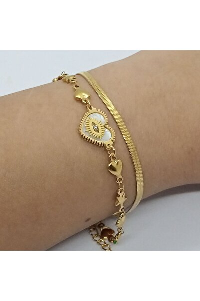 Ödül Moda الصلب الذهب سلسلة مزدوجة سوار القلب